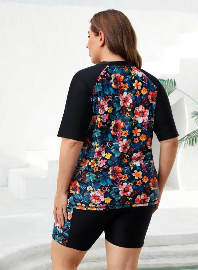 Halcurt Women's Plus Built in Bra Rash Guard Two Piece Swim Shirt and Pockets Boyleg Shorts, Black+orange Floral, 2X - Image 2