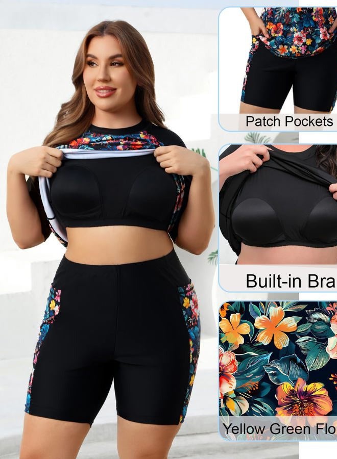 Halcurt Women's Plus Built in Bra Rash Guard Two Piece Swim Shirt and Pockets Boyleg Shorts, Black+orange Floral, 2X - Image 5