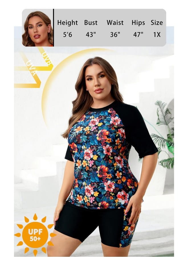 Halcurt Women's Plus Built in Bra Rash Guard Two Piece Swim Shirt and Pockets Boyleg Shorts, Black+orange Floral, 2X - Image 4