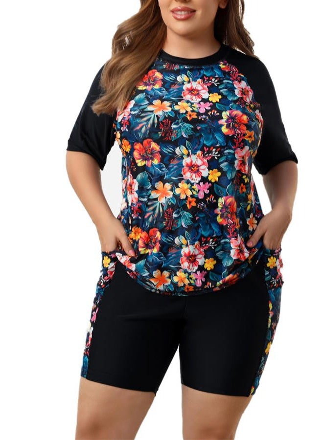 Halcurt Women's Plus Built in Bra Rash Guard Two Piece Swim Shirt and Pockets Boyleg Shorts, Black+orange Floral, 2X - Image 1