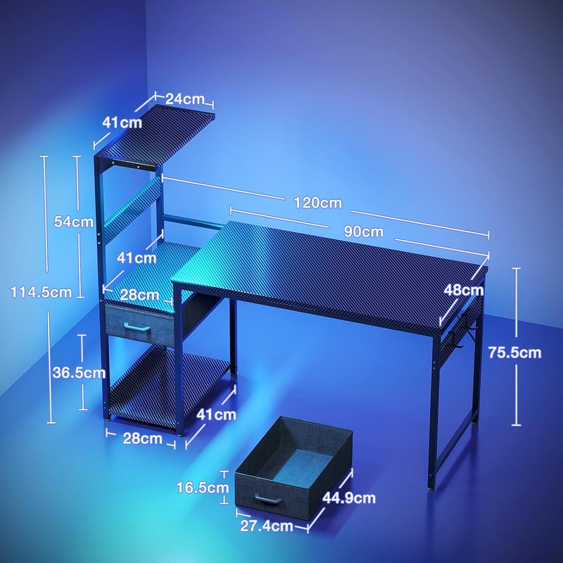Coleshome 120×48 cm Gaming Desk with LED Lights, Reversible Computer Desk with Drawers & Display Shelves, Gaming Table with Headphone Hook, Carbon Fiber Black - Image 3