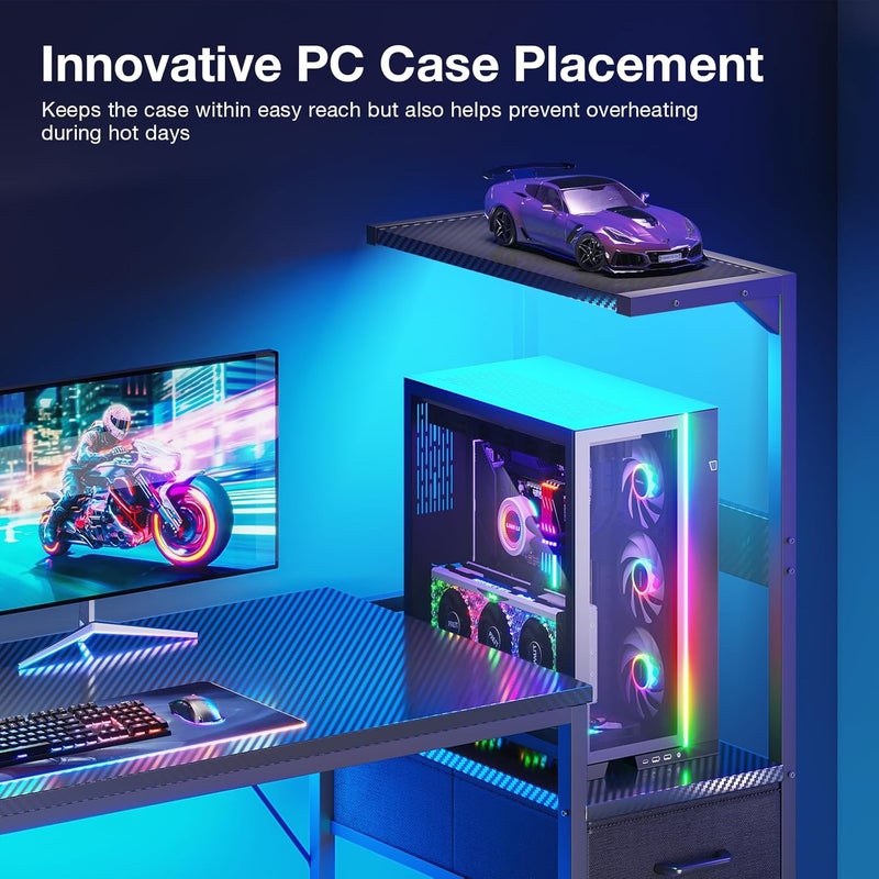 Coleshome 120×48 cm Gaming Desk with LED Lights, Reversible Computer Desk with Drawers & Display Shelves, Gaming Table with Headphone Hook, Carbon Fiber Black - Image 5