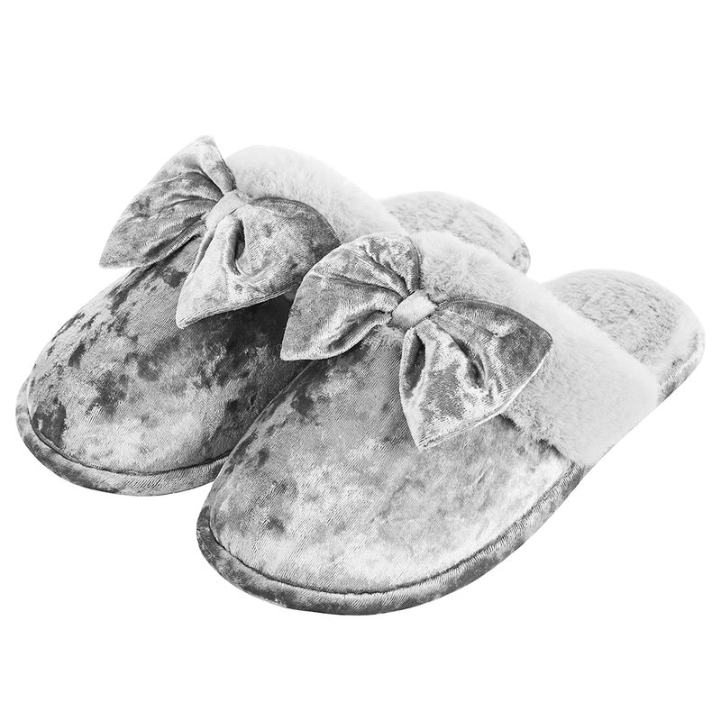 DL Womens Fluffy Velvet Slip on Scuff Slippers for Women Indoor, Warm Furry Ladies Bedroom Slippers with Non Slip Outsole Pink Gray - Image 1