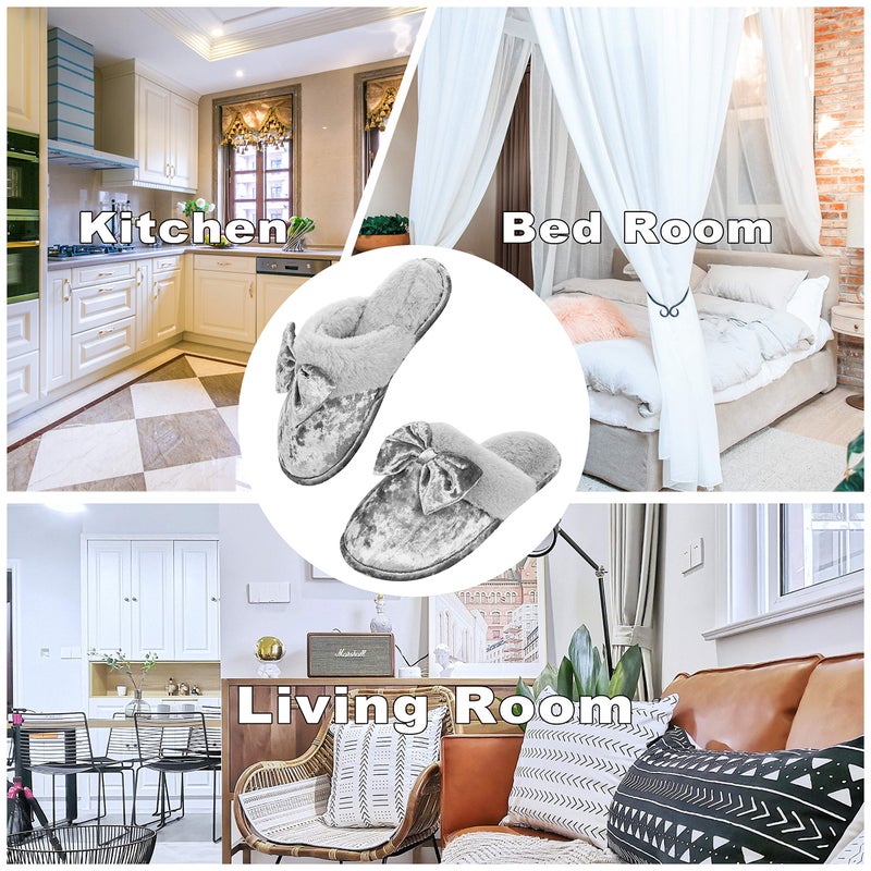 DL Womens Fluffy Velvet Slip on Scuff Slippers for Women Indoor, Warm Furry Ladies Bedroom Slippers with Non Slip Outsole Pink Gray - Image 5