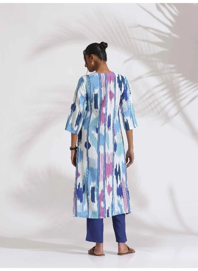 ترو برونز trueBrowns Blue Ikat Print muslin Kurta Set