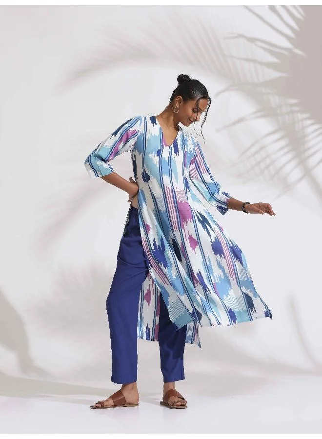ترو برونز trueBrowns Blue Ikat Print muslin Kurta Set