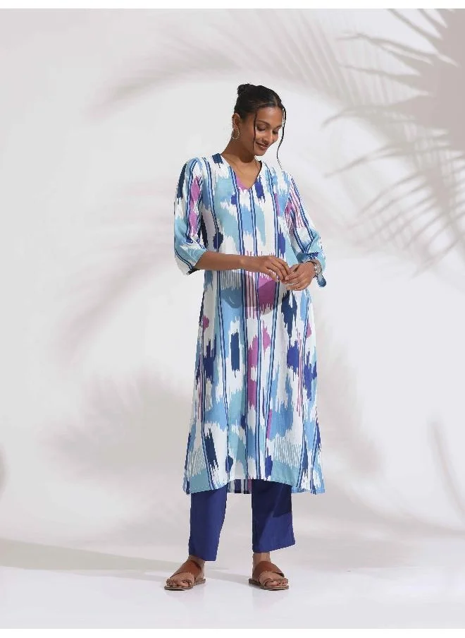 ترو برونز trueBrowns Blue Ikat Print muslin Kurta Set