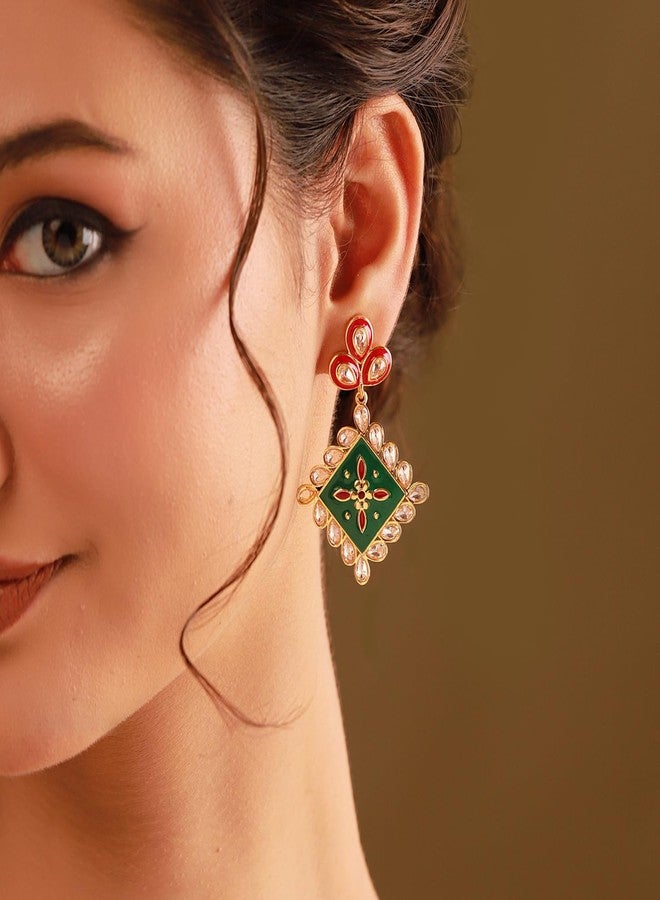 Voylla Gota Patti Rang Mahal Earrings For Women, Gold Earrings, Gift For Women & Girls, Enamelled Jewellery, Festive, Puja, Wedding, Gifting - Image 3
