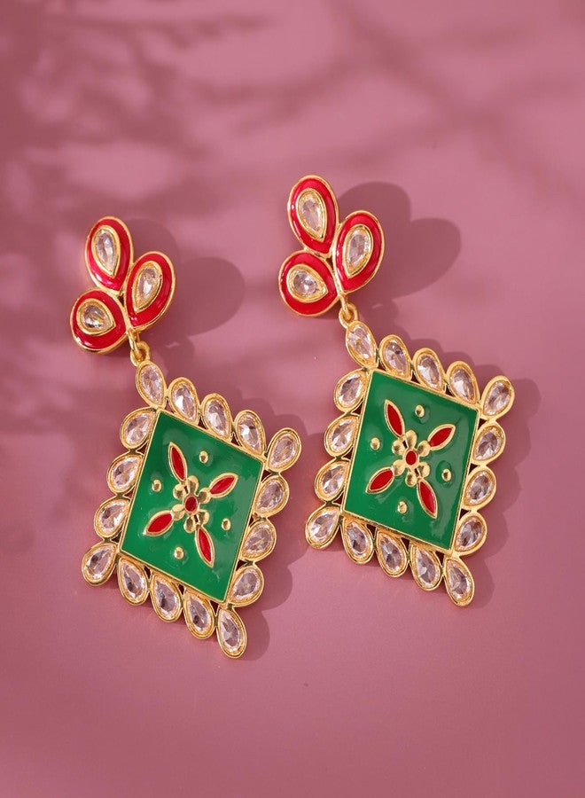 Voylla Gota Patti Rang Mahal Earrings For Women, Gold Earrings, Gift For Women & Girls, Enamelled Jewellery, Festive, Puja, Wedding, Gifting - Image 2