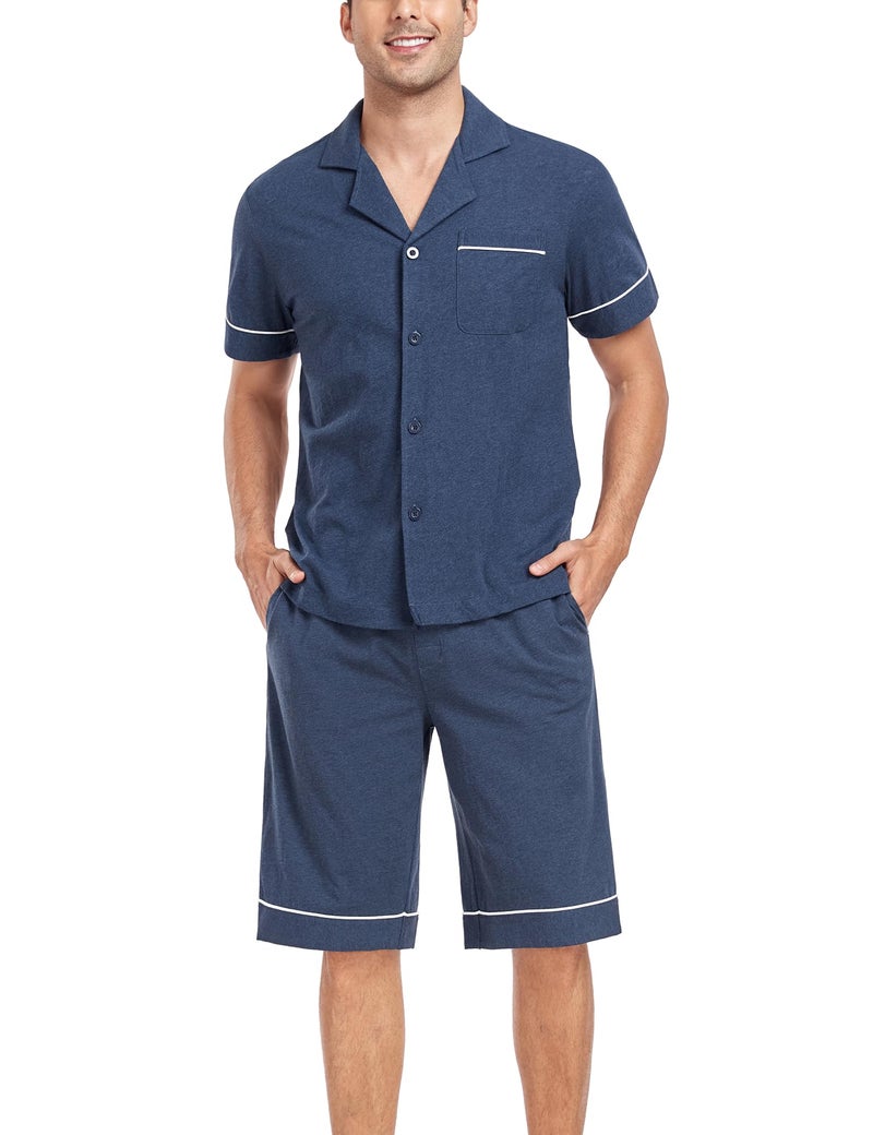 COLORFULLEAF Mens 100 Cotton Short Sleeve Pajama Sets Button Down Notched Collar Sleepwear Soft Lounge Pjs with Pockets Heather Navy L