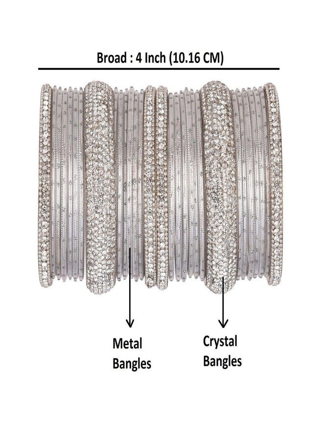Efulgenz Bridal Indian Bangles Set Rhinestone Bollywood Grey Indian Bangles for Women Crystal Plain Metal Bangles Bracelet Wedding Jewelry for Women (30 Pcs) Size 2.4 - Image 5
