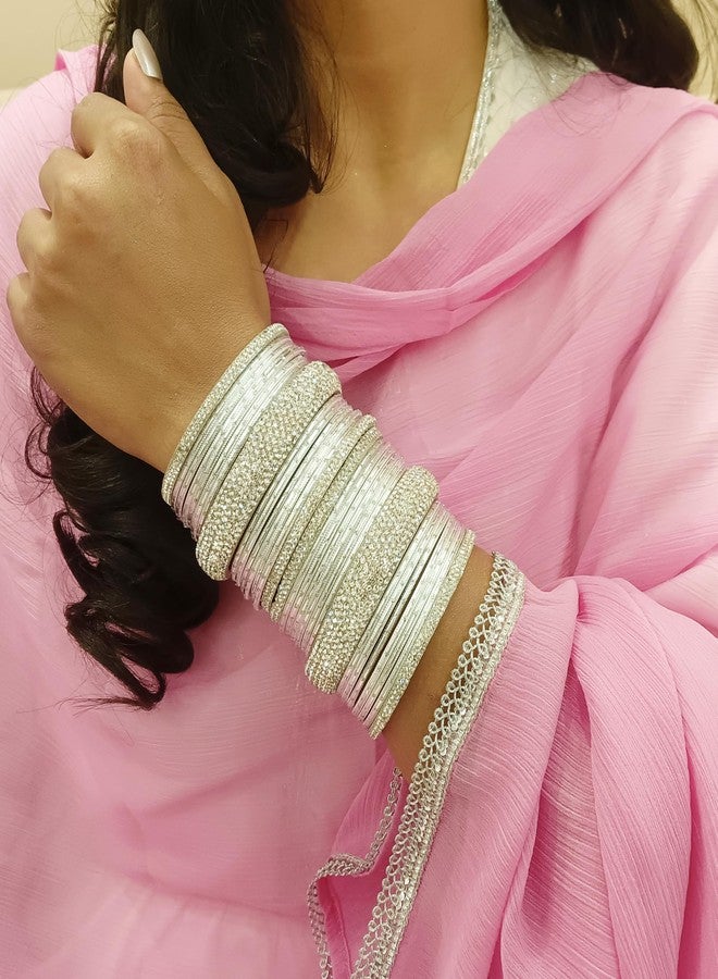 Efulgenz Bridal Indian Bangles Set Rhinestone Bollywood Grey Indian Bangles for Women Crystal Plain Metal Bangles Bracelet Wedding Jewelry for Women (30 Pcs) Size 2.4 - Image 4