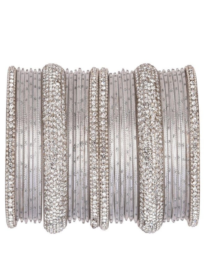 Efulgenz Bridal Indian Bangles Set Rhinestone Bollywood Grey Indian Bangles for Women Crystal Plain Metal Bangles Bracelet Wedding Jewelry for Women (30 Pcs) Size 2.4 - Image 1