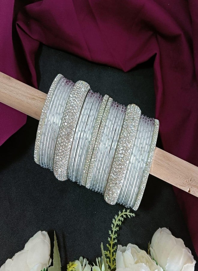 Efulgenz Bridal Indian Bangles Set Rhinestone Bollywood Grey Indian Bangles for Women Crystal Plain Metal Bangles Bracelet Wedding Jewelry for Women (30 Pcs) Size 2.4 - Image 2