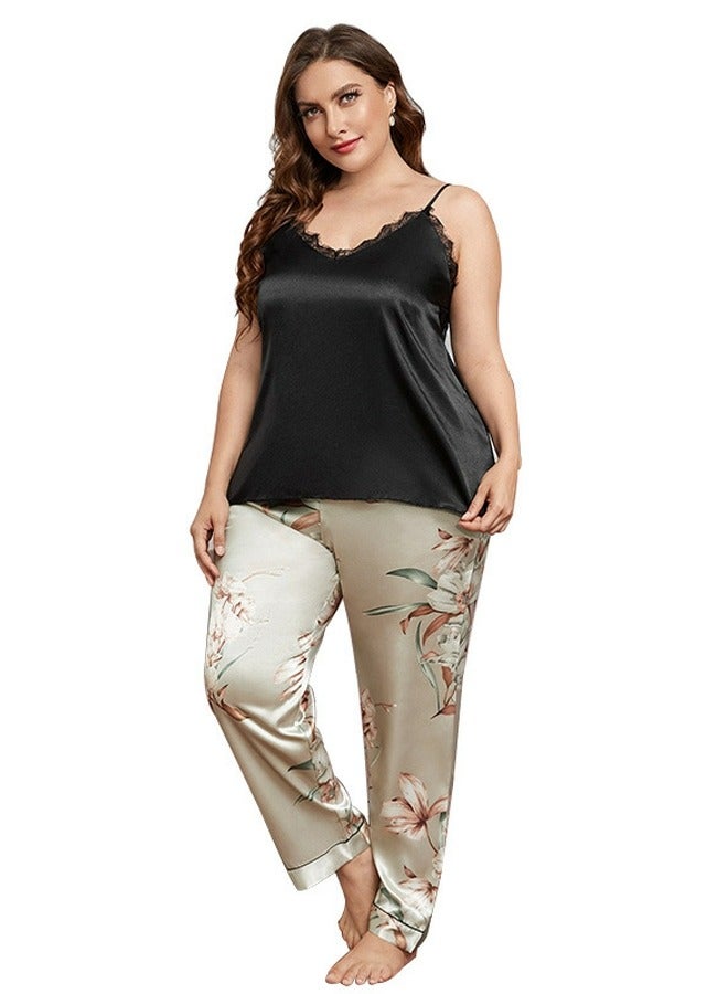 Loquat Women's Imitation Silk 2-Piece Set Nightgown Sleepwear Suspender Top And Printed Pants Soft Loungewear Pajamas Suit - Image 2