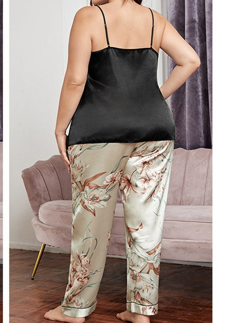 Loquat Women's Imitation Silk 2-Piece Set Nightgown Sleepwear Suspender Top And Printed Pants Soft Loungewear Pajamas Suit - Image 3