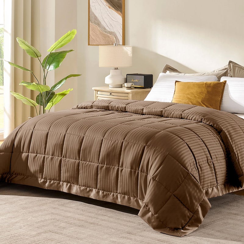 downluxe King Size Blanket with Satin Trim Lightweight Down Alternative King Blanket for All Season Machine Washable Brown 108 x 90 Inch