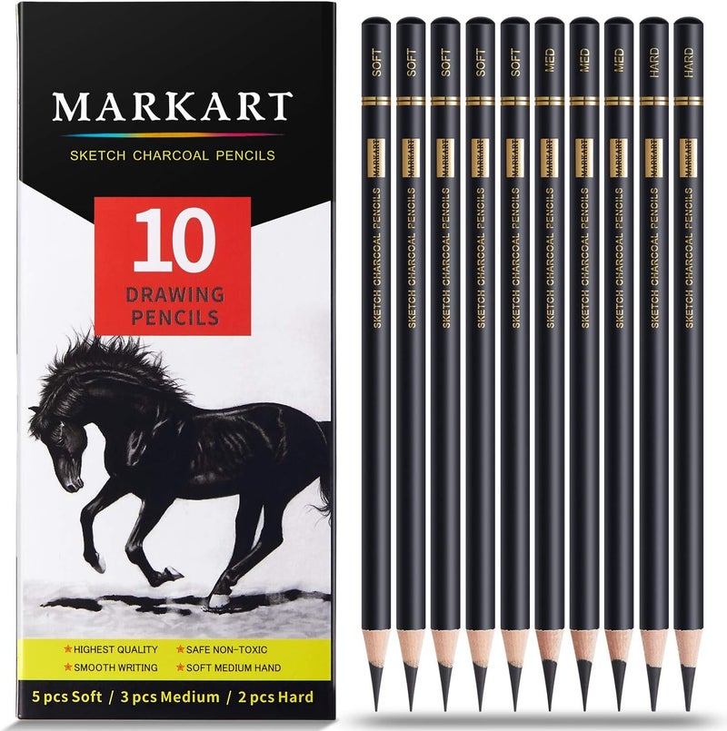 MARKART Professional Charcoal Pencils Drawing Set - 10 Pieces Soft Medium and Hard Charcoal Pencils for Drawing, Sketching, Shading - Image 1