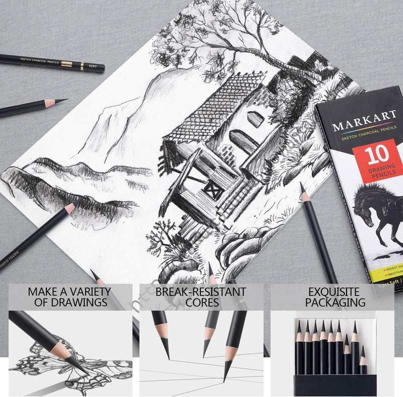 MARKART Professional Charcoal Pencils Drawing Set - 10 Pieces Soft Medium and Hard Charcoal Pencils for Drawing, Sketching, Shading - Image 4