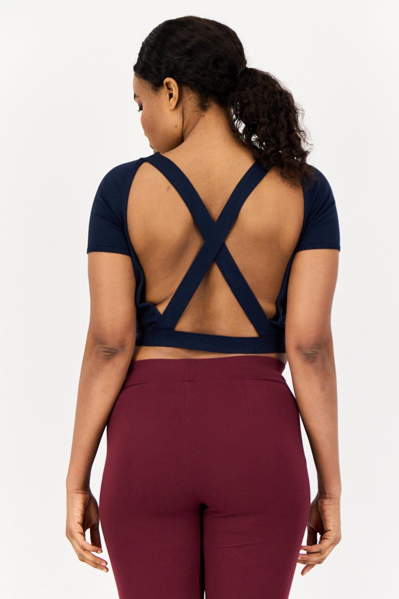 ONLY Women Round Neck Short Sleeve Solid Blouse, Navy - Image 4