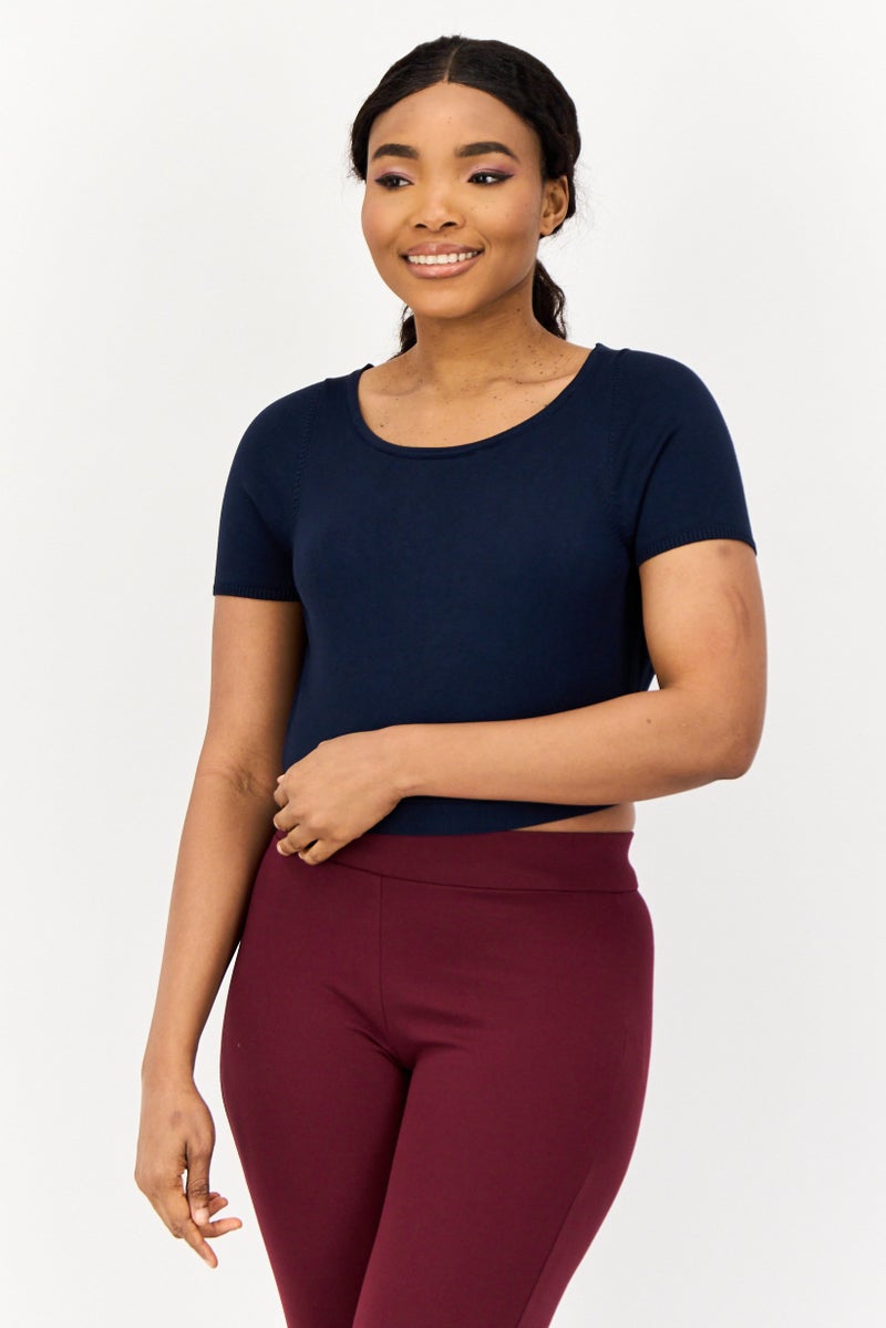 ONLY Women Round Neck Short Sleeve Solid Blouse, Navy - Image 1