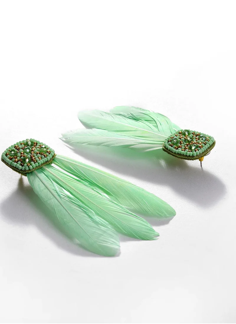 سوهي Sea Green Feather-Shaped Drop Earrings