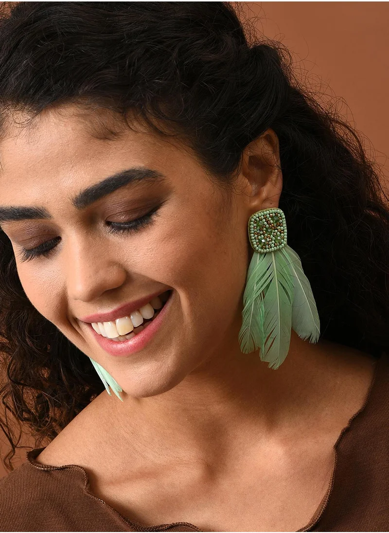 سوهي Sea Green Feather-Shaped Drop Earrings