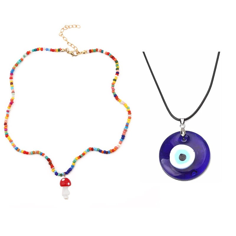 Kicomvi Evil Eye Necklace Turkish Blue Glass Leather Rope Evil Eye Necklace for Women Men Lucky Protection Jewelry-2pcs
