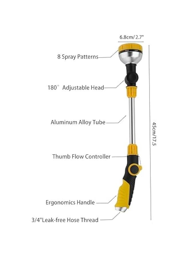 Arabest 17.5 Gardening Watering Wand | 8 Spray Patterns & Thumb-Controlled Switch | 180° Rotating Long Nozzle| for Plants, Hanging Baskets and Shrubs, Pet Bathing, Wall Washing (yellow)  - Image 2