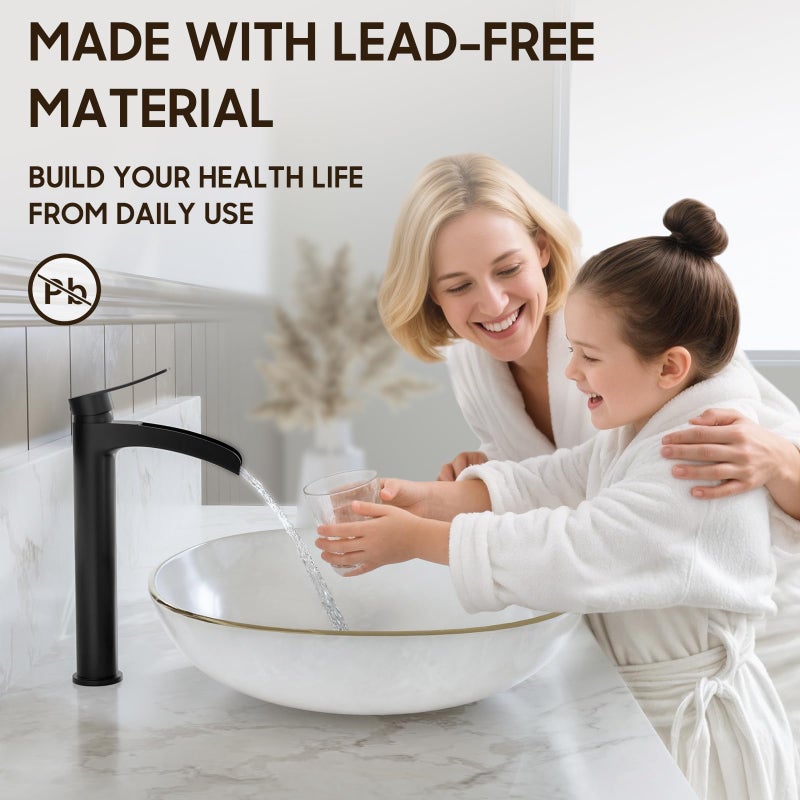 Phiestina Matte Black Tall Bathroom Vessel Sink Faucet, Waterfall Single Hole Single Handle Above Countertop Sink Bathroom Faucet, with Metal Pop Up Drain and Water Supply Lines, NS-SF01-MB-V - Image 3