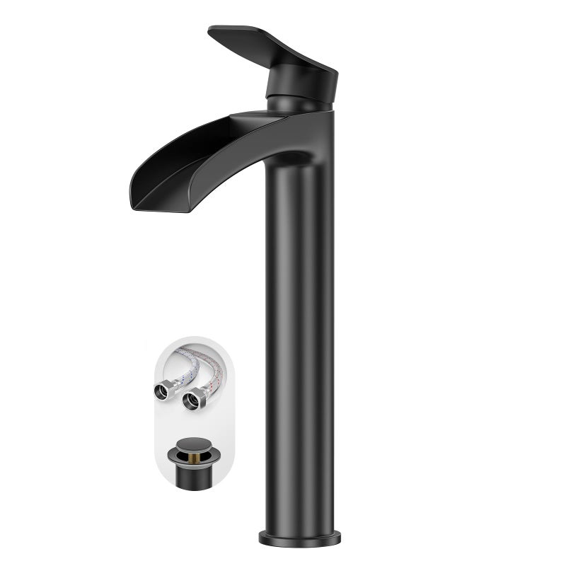 Phiestina Matte Black Tall Bathroom Vessel Sink Faucet, Waterfall Single Hole Single Handle Above Countertop Sink Bathroom Faucet, with Metal Pop Up Drain and Water Supply Lines, NS-SF01-MB-V - Image 1