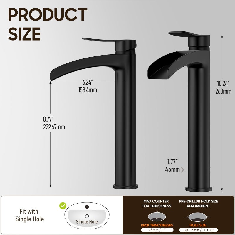 Phiestina Matte Black Tall Bathroom Vessel Sink Faucet, Waterfall Single Hole Single Handle Above Countertop Sink Bathroom Faucet, with Metal Pop Up Drain and Water Supply Lines, NS-SF01-MB-V - Image 4