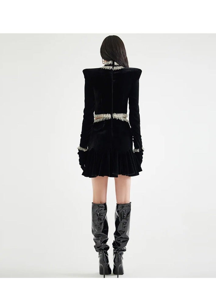 NIBEMINENT Fashion Long-sleeved Dress With Beaded Velvet And Lotus Leaf Hem For Women  - Image 2