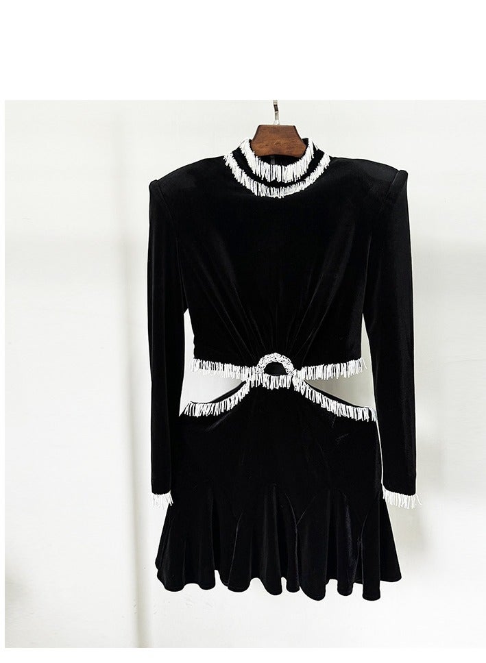 NIBEMINENT Fashion Long-sleeved Dress With Beaded Velvet And Lotus Leaf Hem For Women  - Image 3