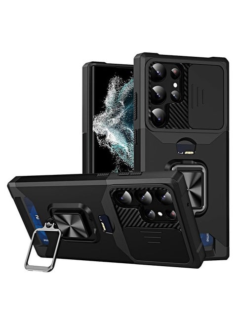 Design for Samsung Galaxy S25 Ultra Phone Case with Screen Protector Card Holder Stand Kickstand Heavy Duty Slim Shockproof Hybrid Rugged Drop Protective Cover  Case Black
