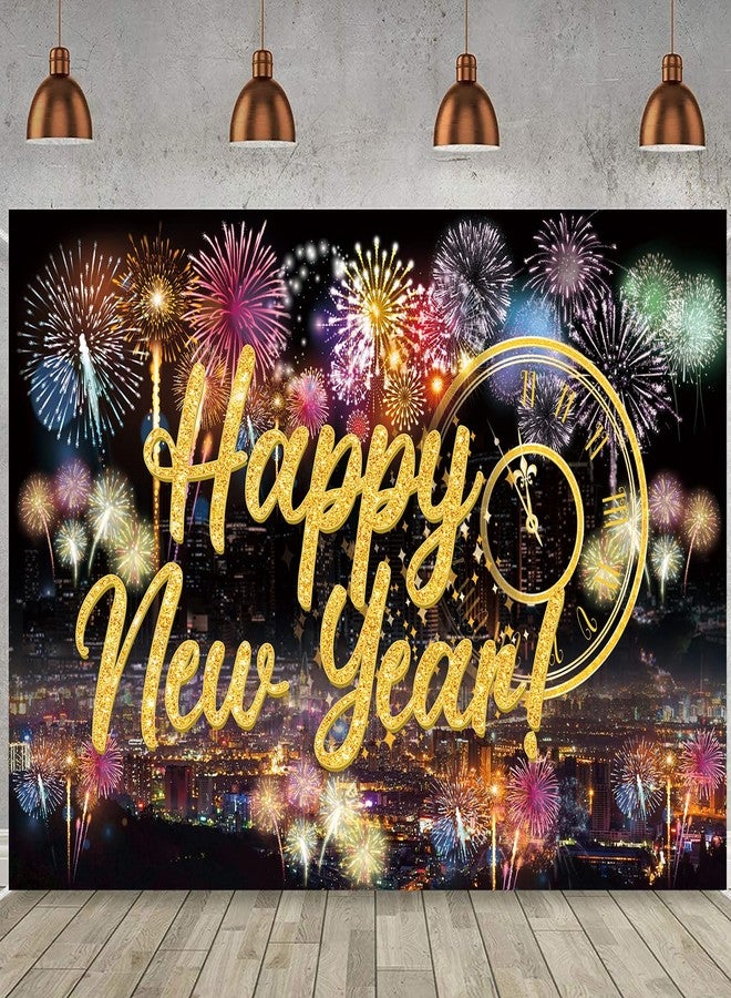 Famoby Happy New Year Fabric Sign Poster Backdrop with Fireworks for New Year Photo Booth Background Party Decoration - Image 1
