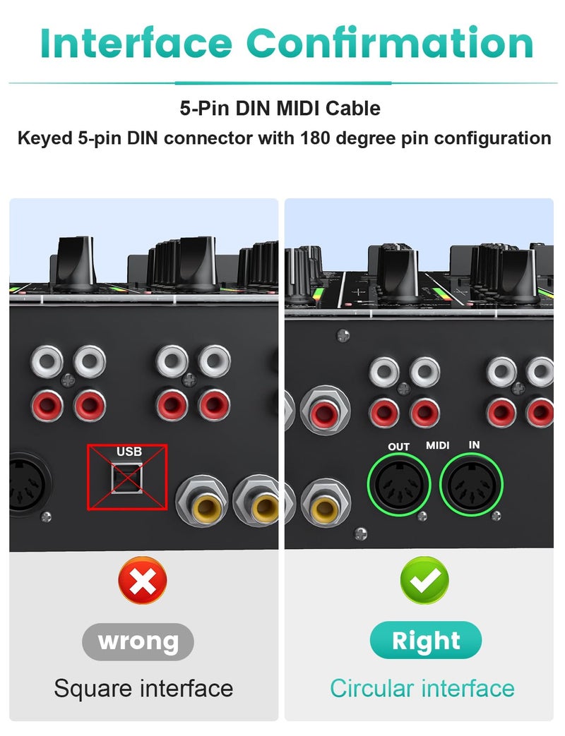 كابل MIDI من بـ 5 دبابيس DIN من ذكر إلى ذكر متوافق مع لوحة مفاتيح MIDI/السينثسايزر/مؤثرات الجيتار المتعددة/واجهة الصوت/مزج الصوت/مضخم الصوت/بطاقة الصوت الخارجية (1.5 قدم/0.5 متر) - Image 4