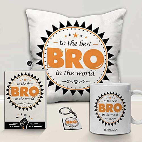 Jhingalala Jhingalala to The Best Bro in The World Printed Cushion Mug Key Chain Greeting Card Combo Gift Pack Birthday Gift for Brother Gift for Brother Birthday Rakshabandhan Gifts for Brother