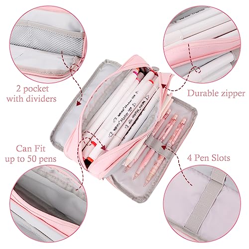 Oyachic Pink Pencil Case, Large Capacity Pencil Pouch,Pencil Bag with 3 Compartments,Pen Organizer Oxford Storage for Men Women Adults Travel Business Office - Image 2
