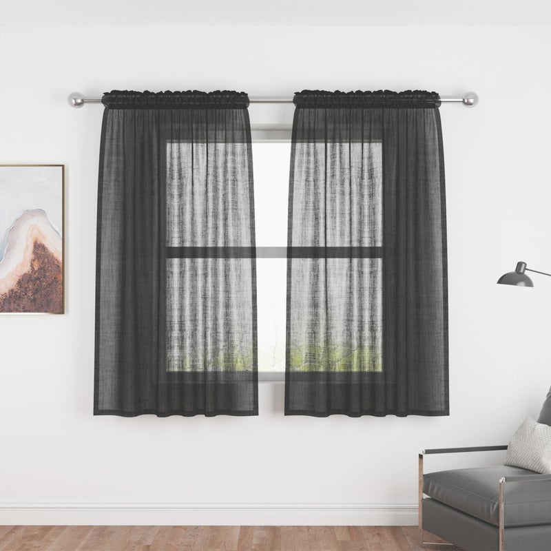 UPOPO Black Sheer Curtains 54 inches Long Living Room Curtain Sheers Basement 2 Panels Voile Transparent Bedroom Drapes Linen Textured Rod Pocket Kitchen Dining Window Treatment Set - Image 1