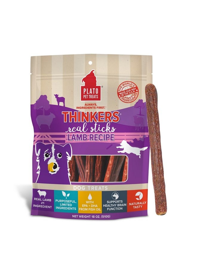 بلاتو مكافآت الكلاب المجففة بالهواء من Plato Pet Treats، أعواد Lamb Thinkers، مكافآت طبيعية للكلاب، لحوم حقيقية، مجففة بالهواء، صنع في الولايات المتحدة الأمريكية، 18 أونصة  - Image 1