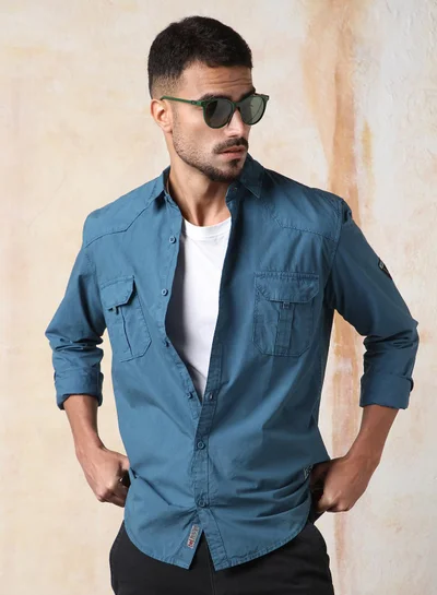 HIGH STAR Men Regular Fit Utility Heavy Washed Spread Collar Solid Cotton Casual Shirt