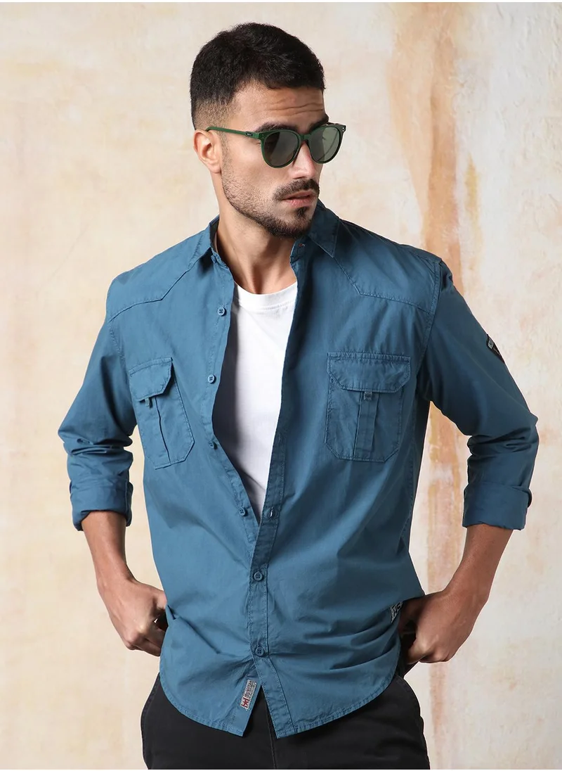 HIGH STAR Men's Blue 100% Cotton Solid Button Down Regular Fit Shirt