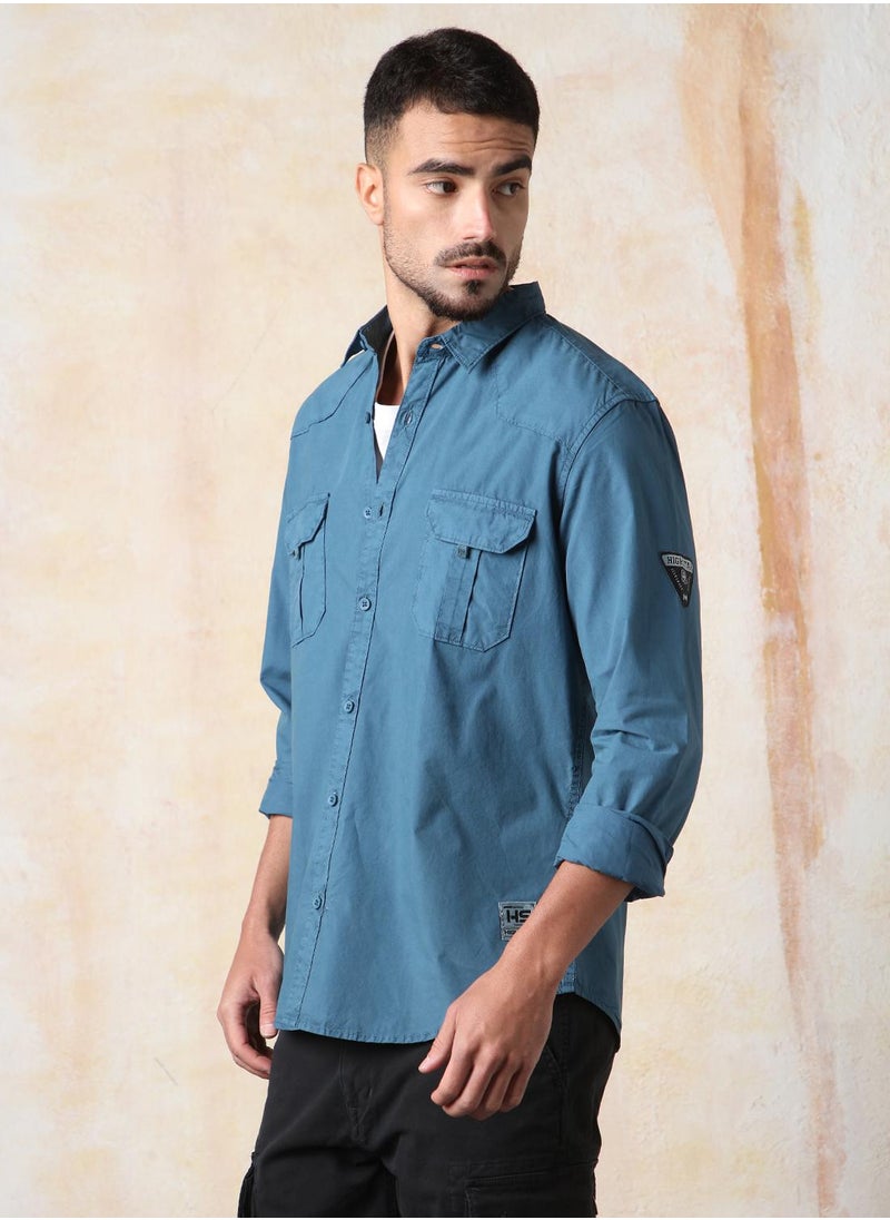 HIGH STAR Men Regular Fit Utility Heavy Washed Spread Collar Solid Cotton Casual Shirt  - Image 3