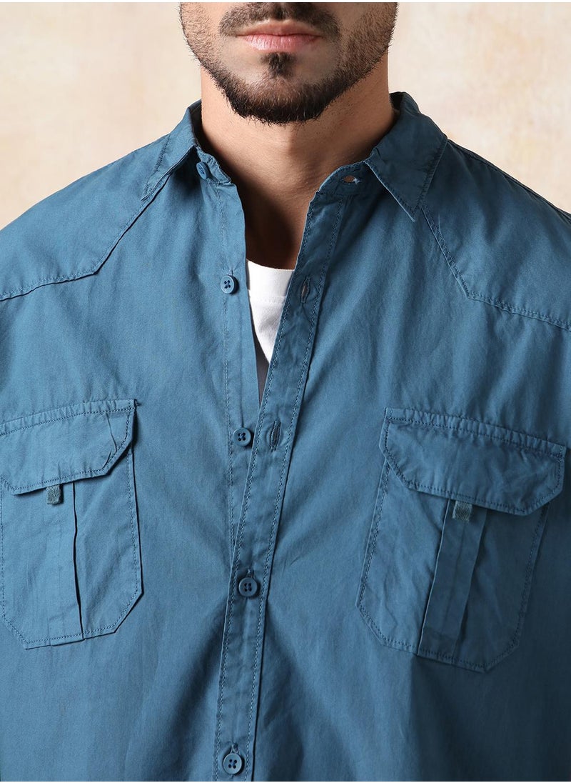 HIGH STAR Men Regular Fit Utility Heavy Washed Spread Collar Solid Cotton Casual Shirt  - Image 4