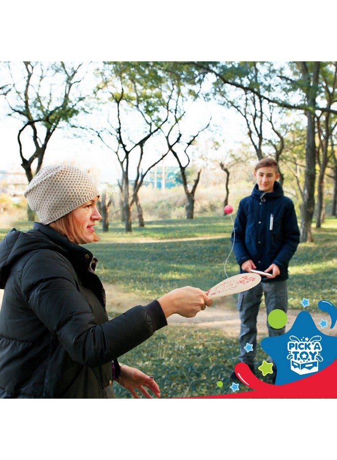 Pick A Toy كرة مضرب خشبية (مجموعة من 2) مع حقيبة حمل حمراء لعبة داخلية وخارجية: لعبة مضرب كلاسيكية وممتعة للأولاد والبنات هدايا حفلات للأعمار 4 وما فوق - Image 4