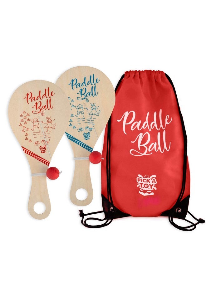 Pick A Toy كرة مضرب خشبية (مجموعة من 2) مع حقيبة حمل حمراء لعبة داخلية وخارجية: لعبة مضرب كلاسيكية وممتعة للأولاد والبنات هدايا حفلات للأعمار 4 وما فوق - Image 1