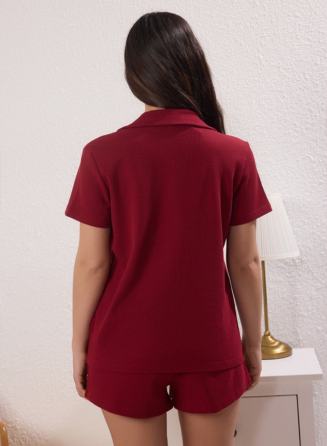 trendyol Burgundy Ribbon/Bow Detail Waffle Fabric Knitted Pajama Set with Shorts  - Image 4