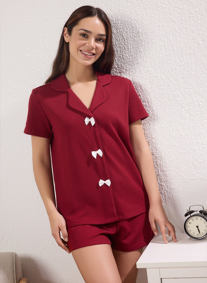 trendyol Burgundy Ribbon/Bow Detail Waffle Fabric Knitted Pajama Set with Shorts  - Image 2