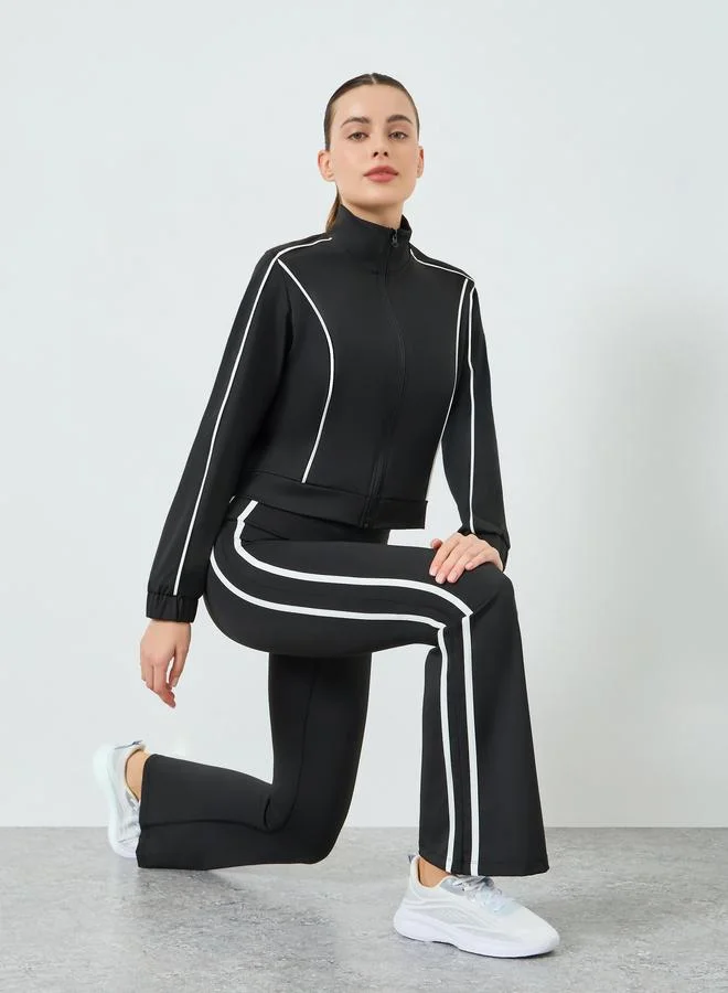ستايلي اكتيف طقم نسائي جاكيت بسحاب كامل وبنطلون واسع بلمسات محددة أسود